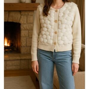 Y2K Lisa International Faux‎ Fur Bubble Cardigan Sweater Ivory Sz S Mob Wife